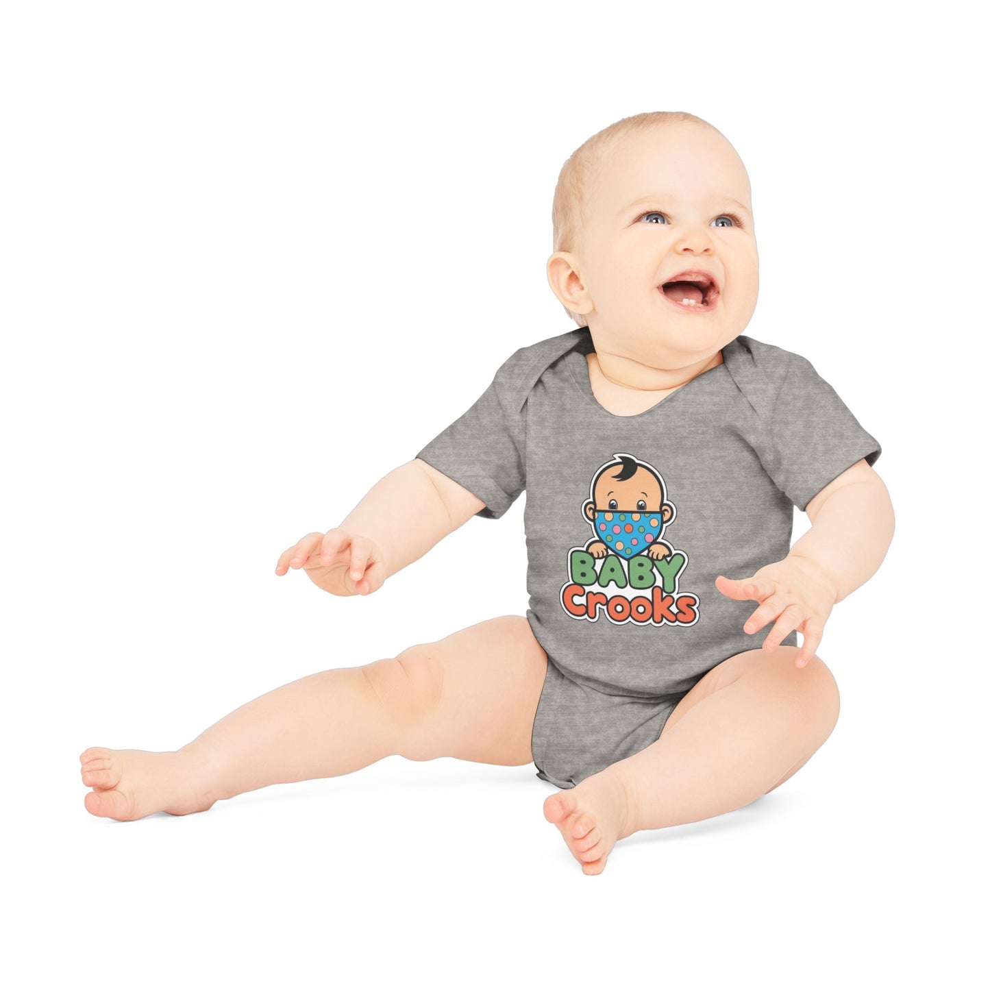 Baby wearing a gray onesie with 'Baby Crooks' print on a white background