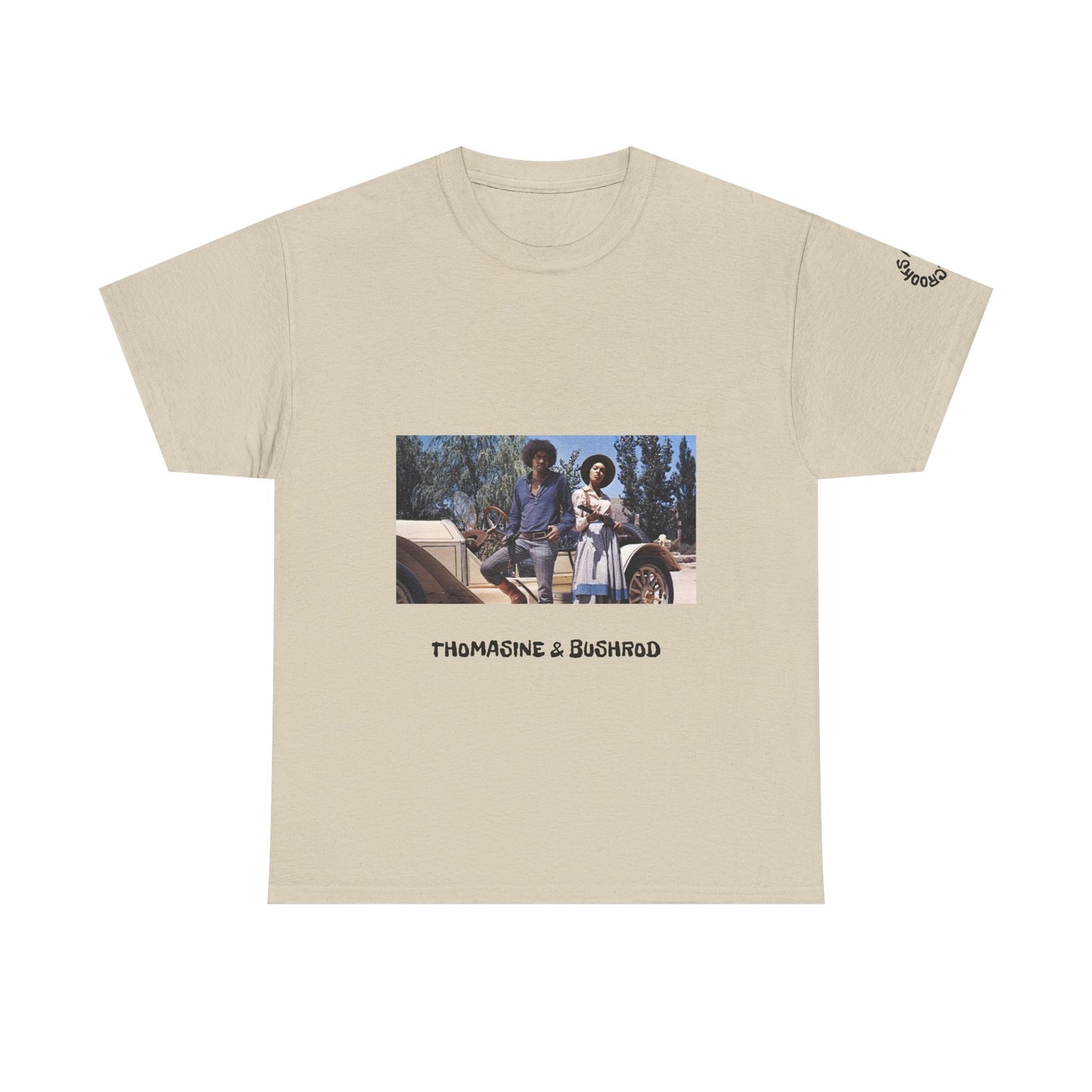 Thomasine and Bushrod T-shirt featuring a bold design inspired by the legendary outlaw duo. 