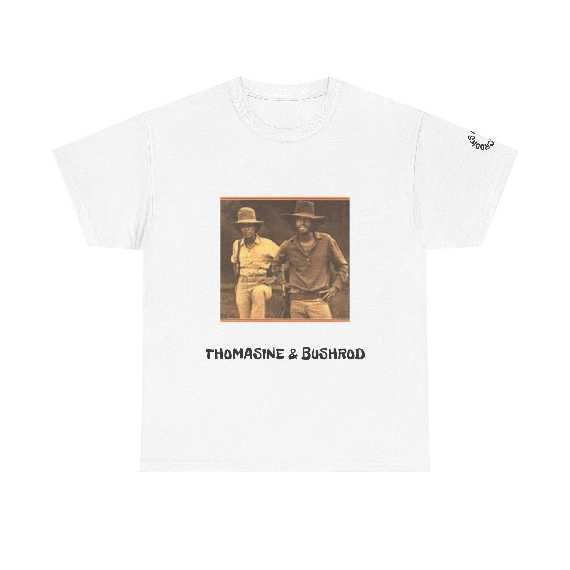 Thomasine and Bushrod T-shirt featuring a bold design inspired by the legendary outlaw duo. 