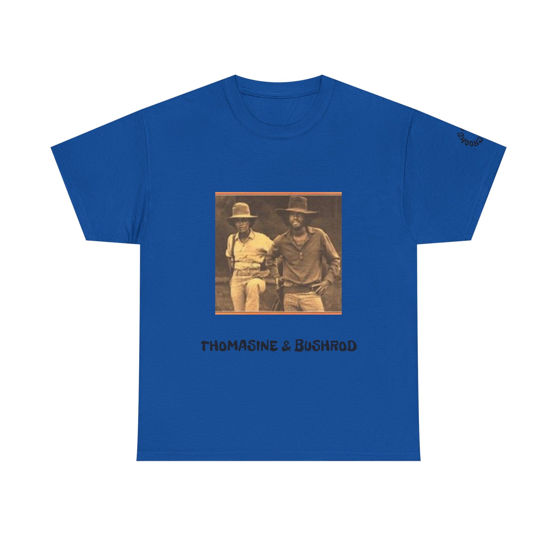 Thomasine and Bushrod T-shirt featuring a bold design inspired by the legendary outlaw duo. 