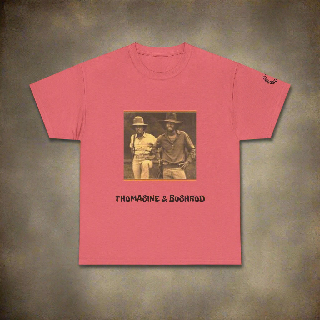 Thomasine and Bushrod T-shirt featuring a bold design inspired by the legendary outlaw duo. 