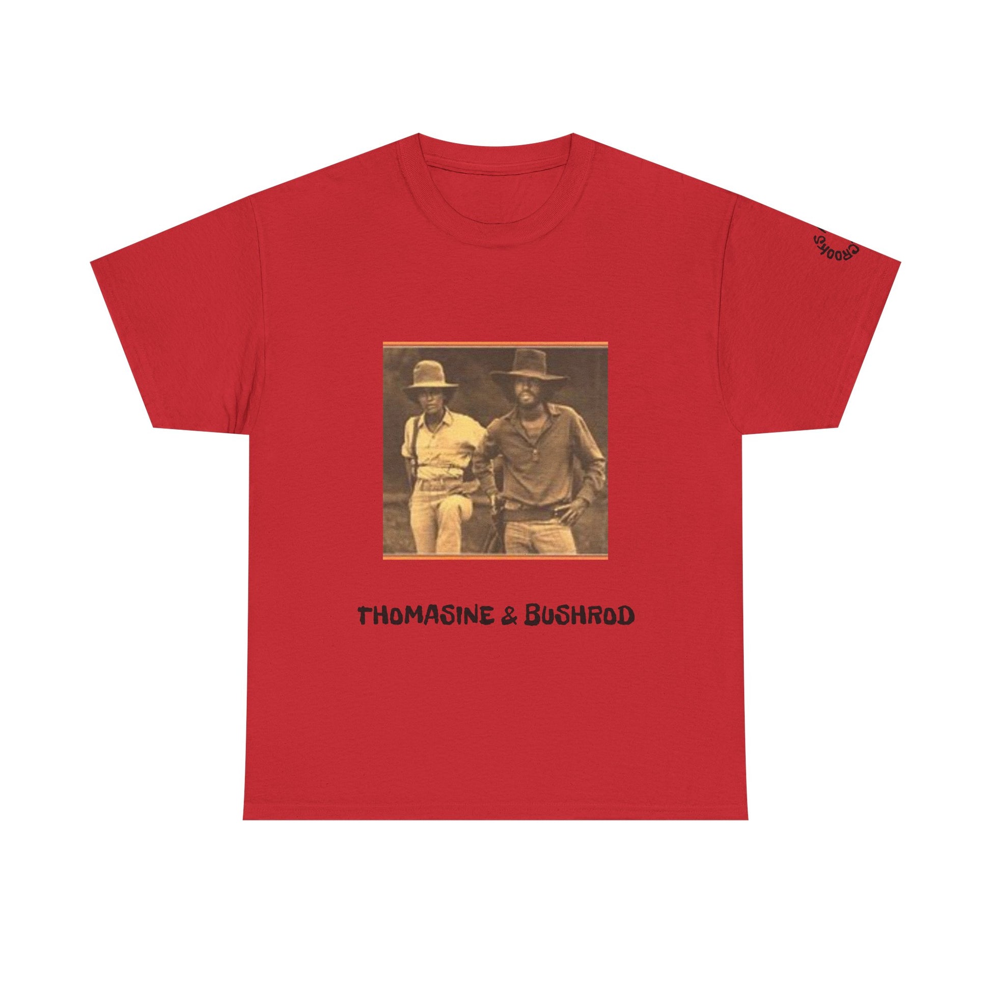 Thomasine and Bushrod T-shirt featuring a bold design inspired by the legendary outlaw duo. 