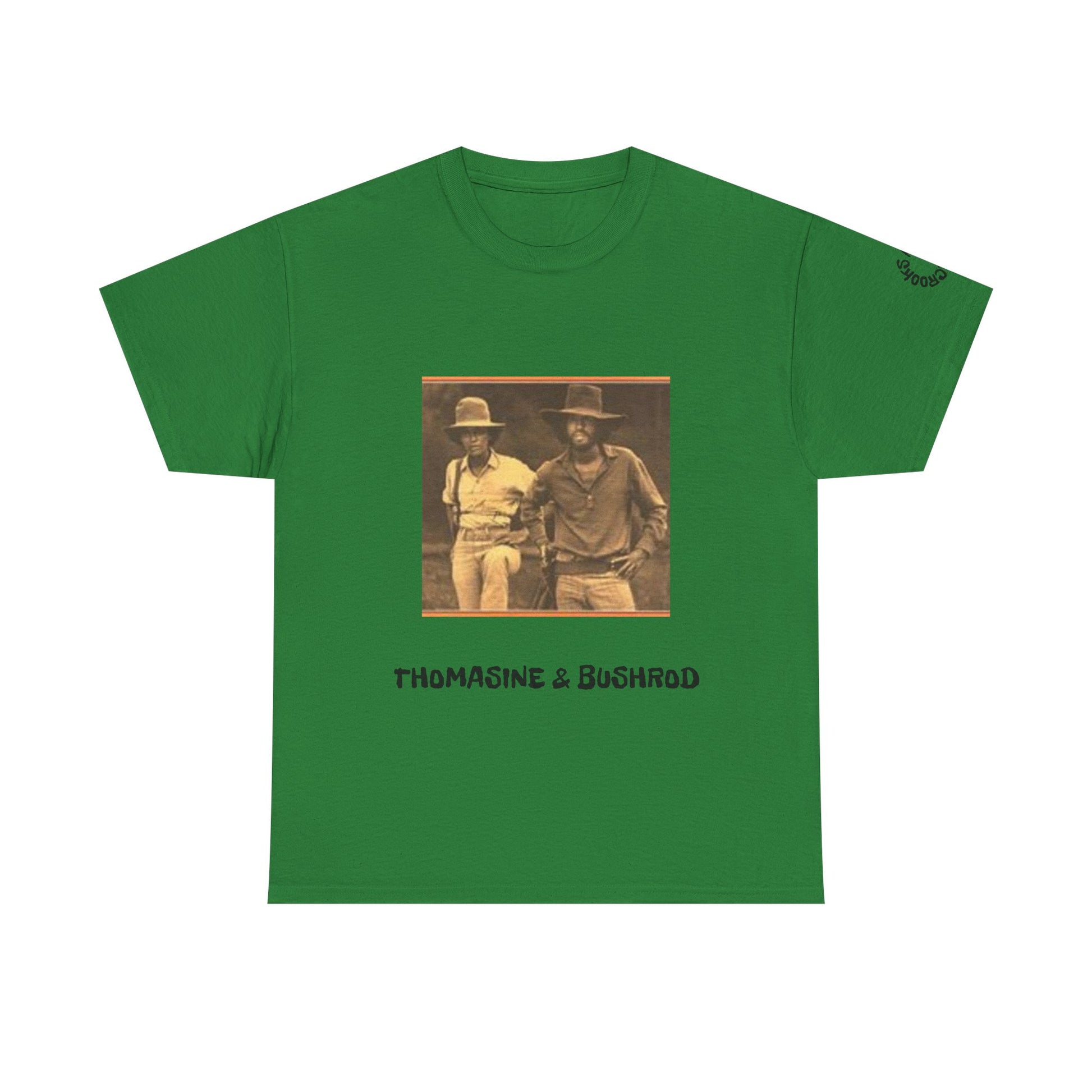 Thomasine and Bushrod T-shirt featuring a bold design inspired by the legendary outlaw duo. 