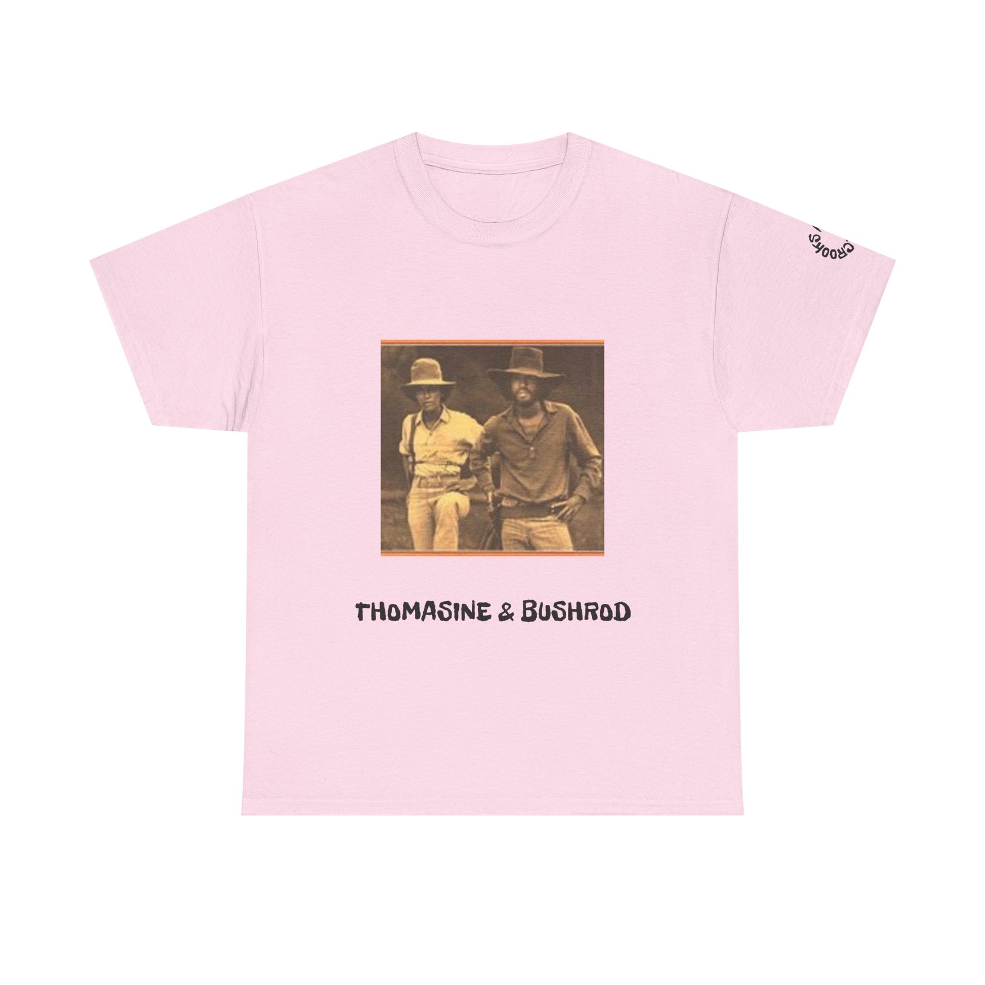 Thomasine and Bushrod T-shirt featuring a bold design inspired by the legendary outlaw duo. 